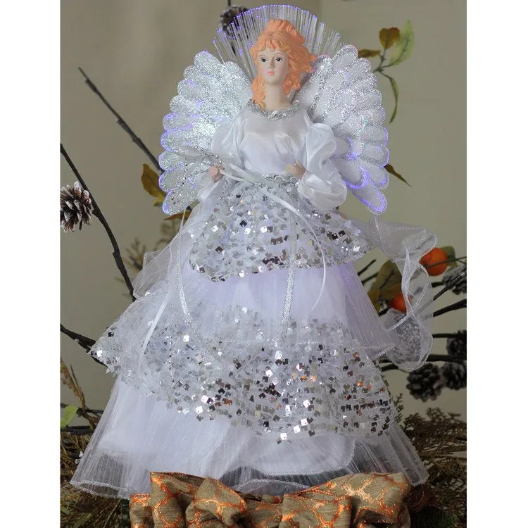 16" White and Silver Angel In Sequined Gown Lighted Fiber Optic Christmas Tree Topper