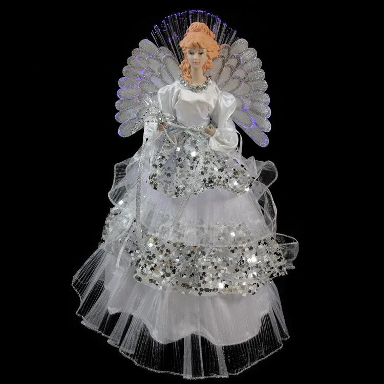 16" White and Silver Angel In Sequined Gown Lighted Fiber Optic Christmas Tree Topper