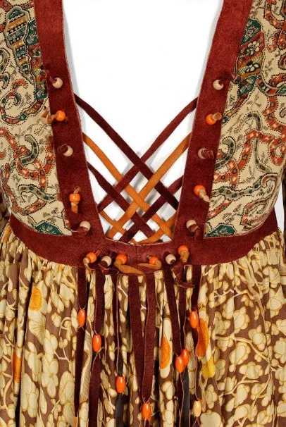 1970 Bill Gibb Iconic Bohemian Floral Silk and Suede Fringe Lace-Up Gypsy Dress