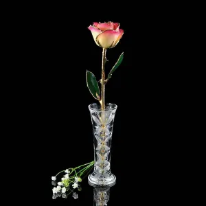 24K Gold Tipped White and Pink Rose with Crystal Vase