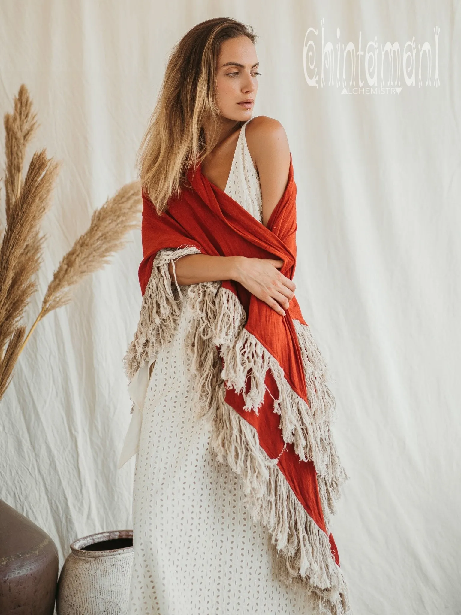 Alma Libra Fringe Boho Shawl ∆ Bohemian Scarf / Red Ochre