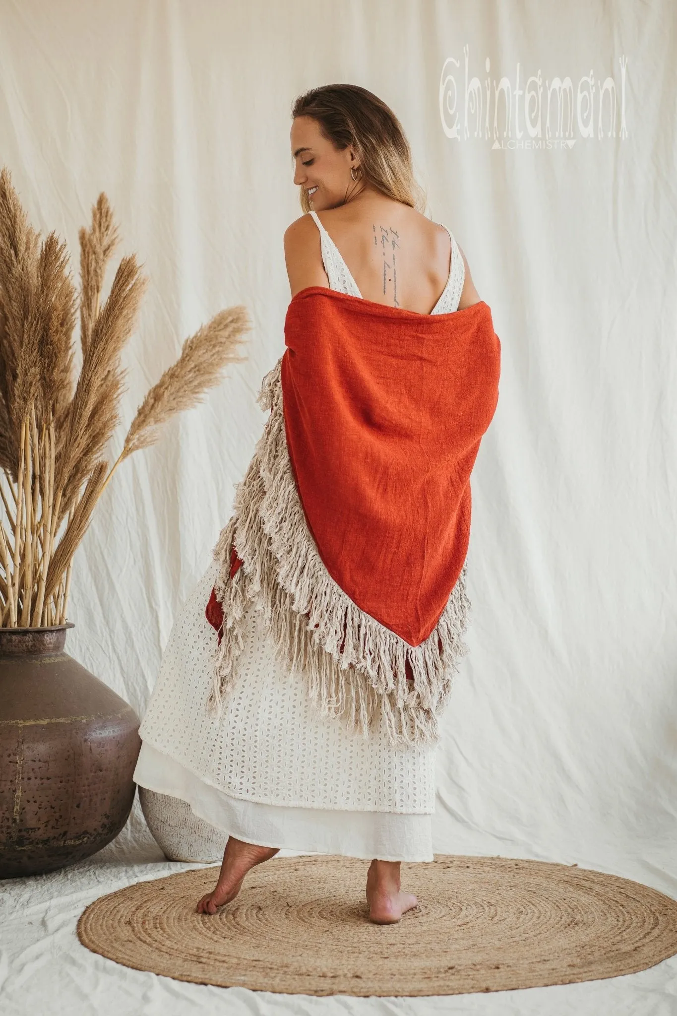 Alma Libra Fringe Boho Shawl ∆ Bohemian Scarf / Red Ochre