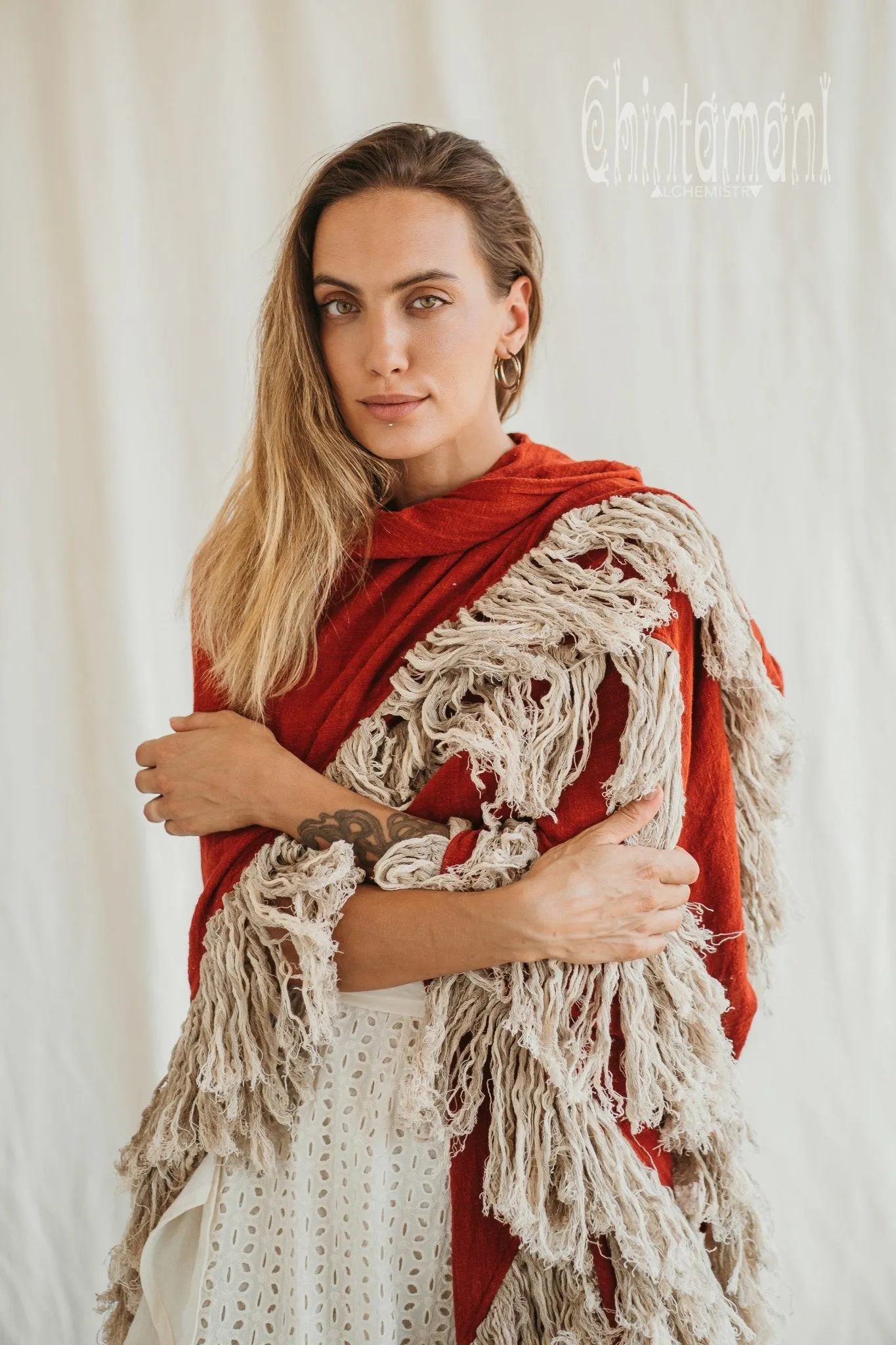 Alma Libra Fringe Boho Shawl ∆ Bohemian Scarf / Red Ochre