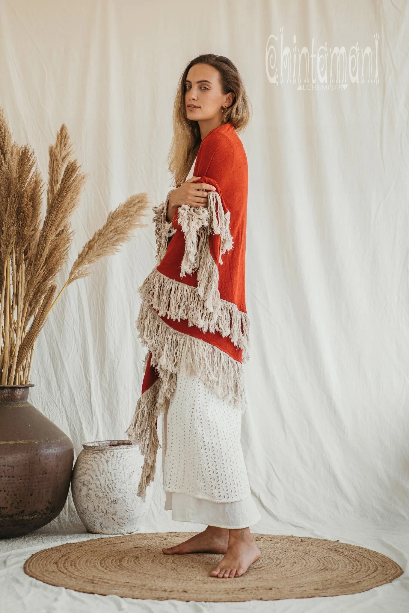 Alma Libra Fringe Boho Shawl ∆ Bohemian Scarf / Red Ochre