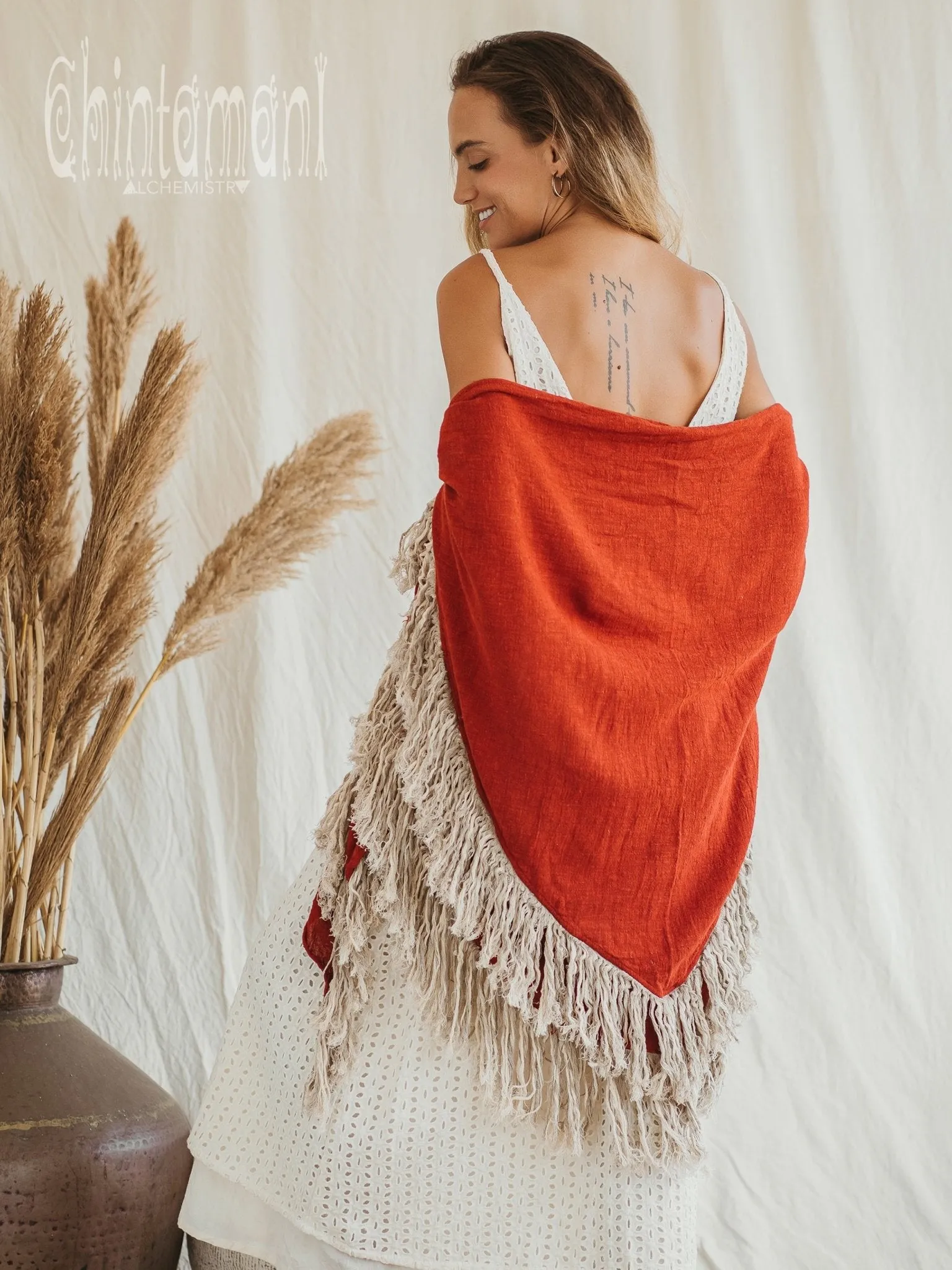 Alma Libra Fringe Boho Shawl ∆ Bohemian Scarf / Red Ochre