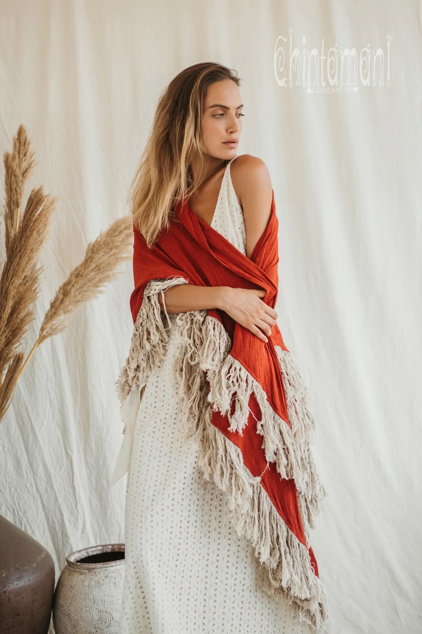 Alma Libra Fringe Boho Shawl ∆ Bohemian Scarf / Red Ochre