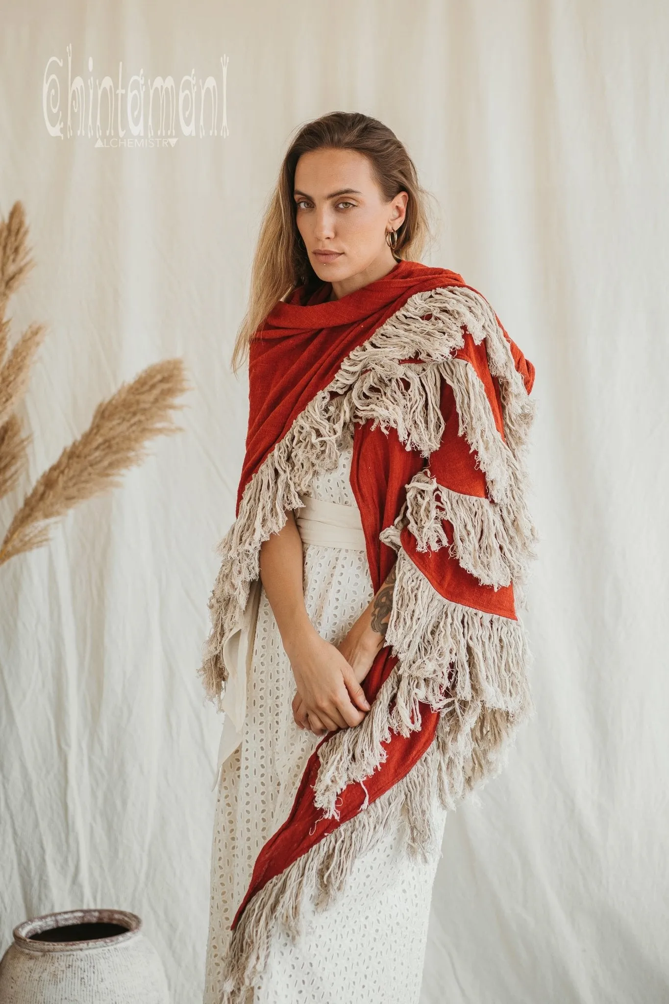 Alma Libra Fringe Boho Shawl ∆ Bohemian Scarf / Red Ochre