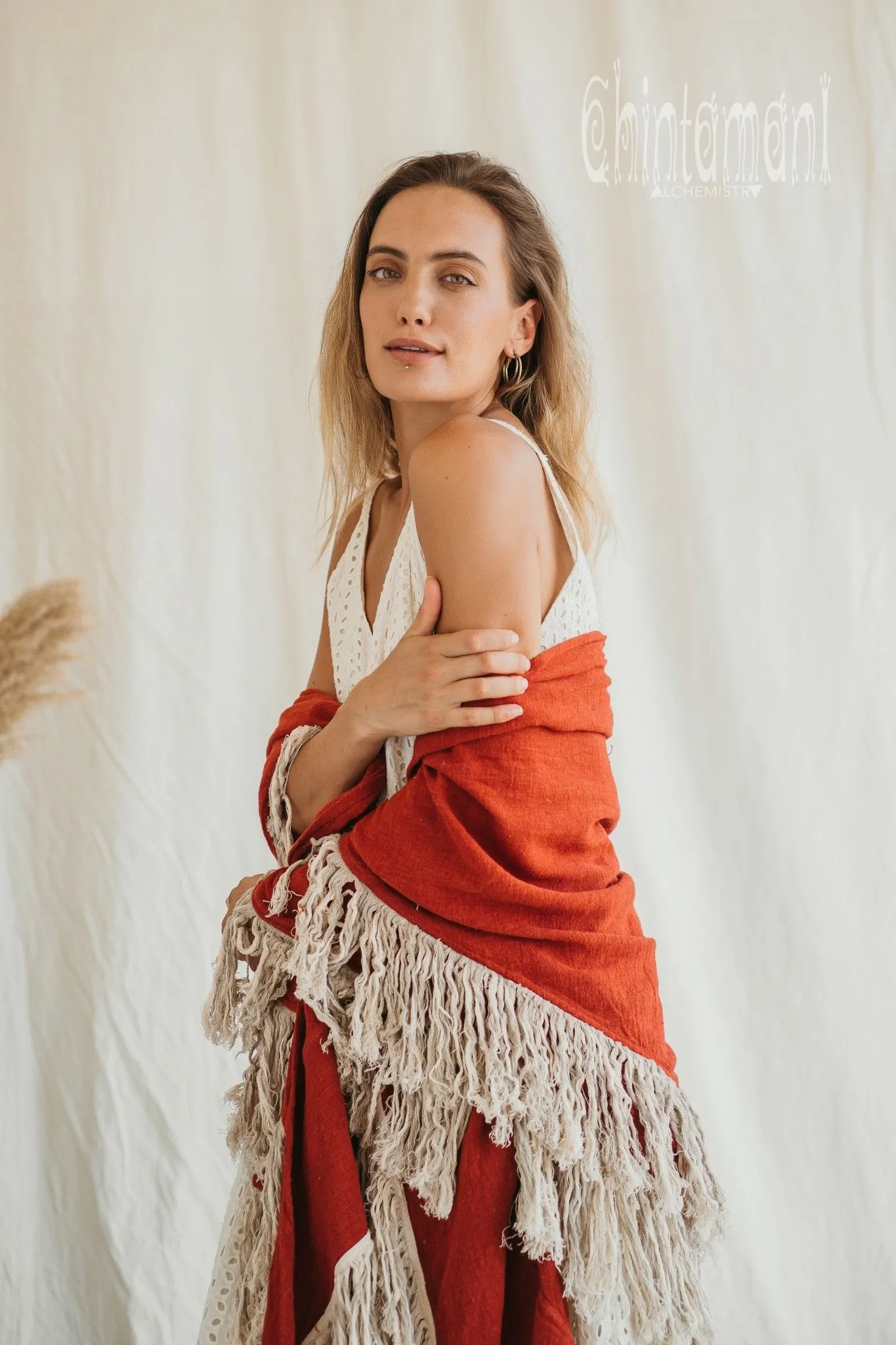 Alma Libra Fringe Boho Shawl ∆ Bohemian Scarf / Red Ochre