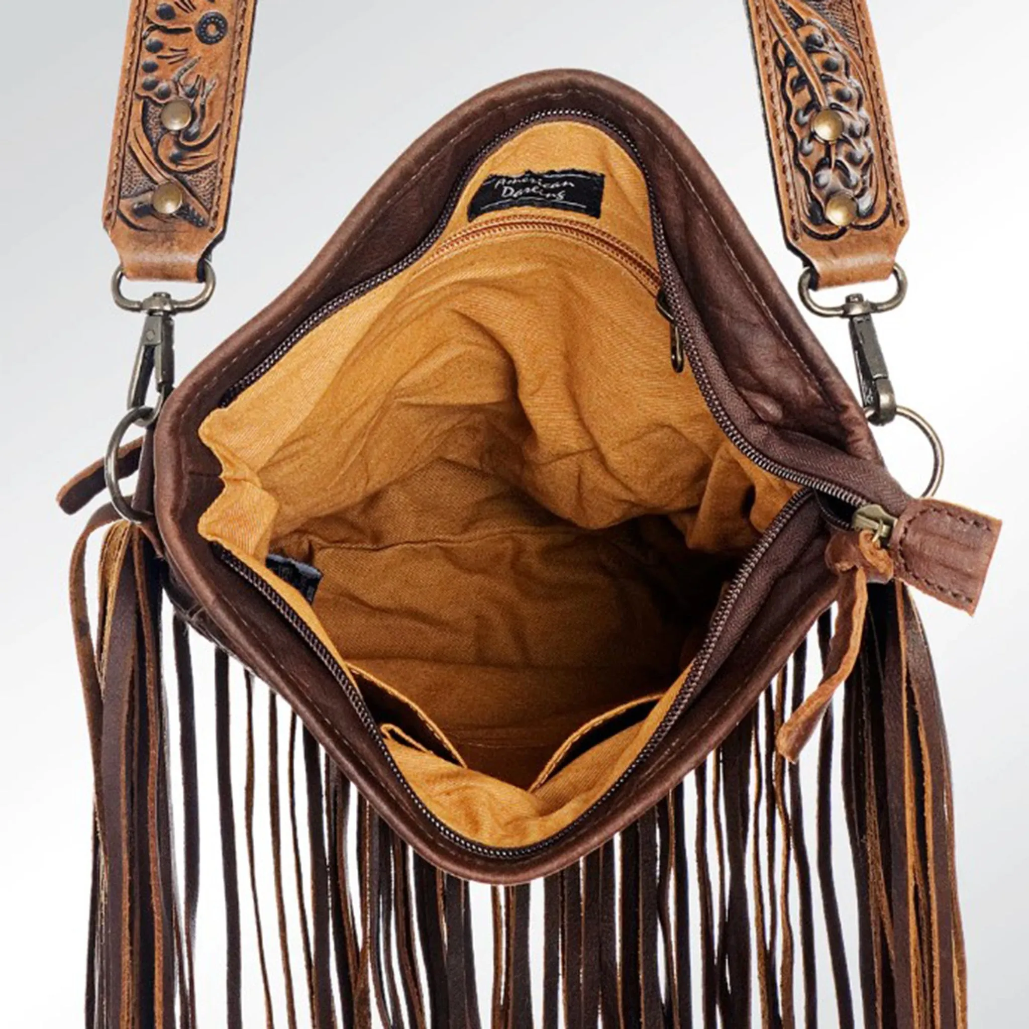 American Darling Conceal Carry Brown Tooled Hide Fringe Bag