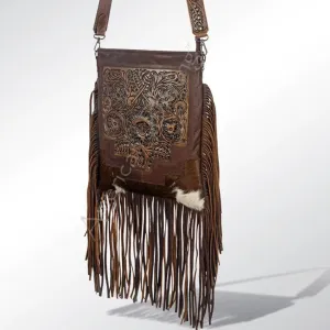 American Darling Conceal Carry Brown Tooled Hide Fringe Bag