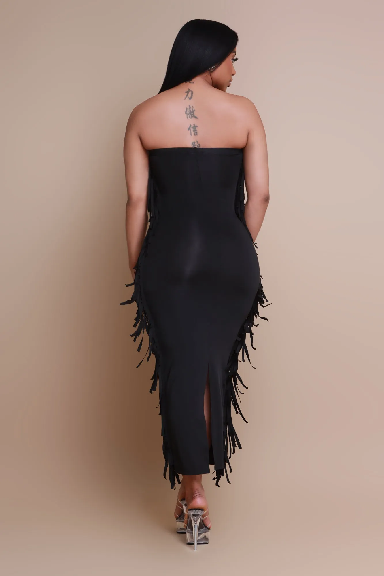 At All Costs Strapless Fringe Maxi Dress - Black