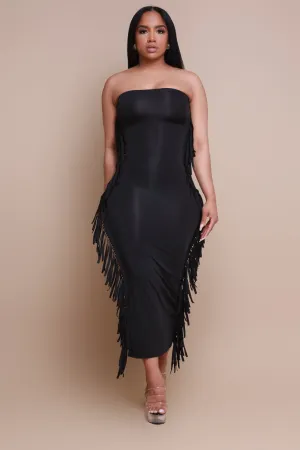 At All Costs Strapless Fringe Maxi Dress - Black