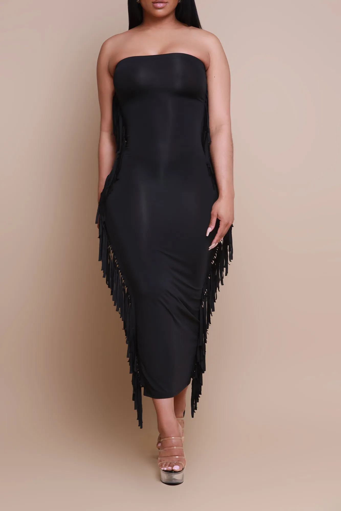 At All Costs Strapless Fringe Maxi Dress - Black