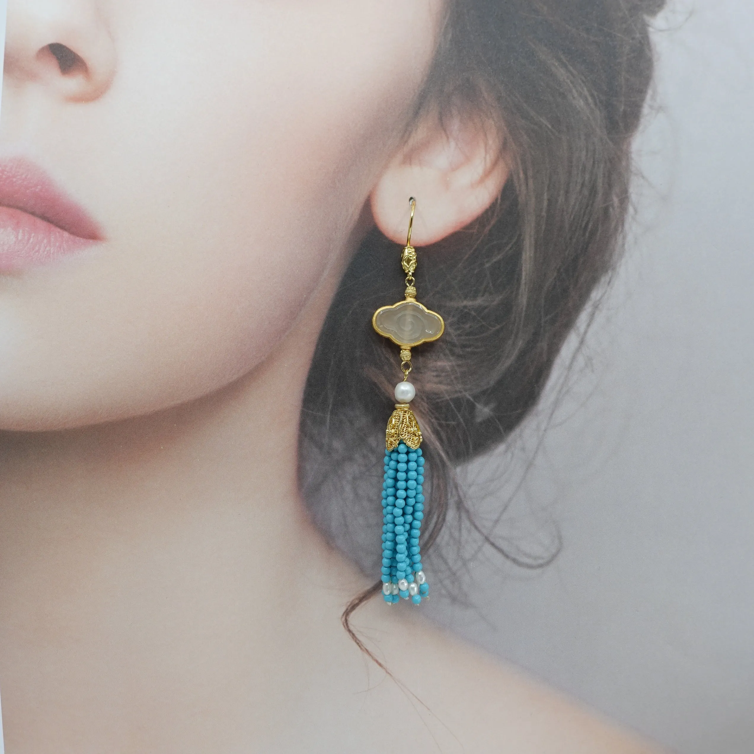 Auspicious Clouds Jade and Turquoise Tassel Earrings