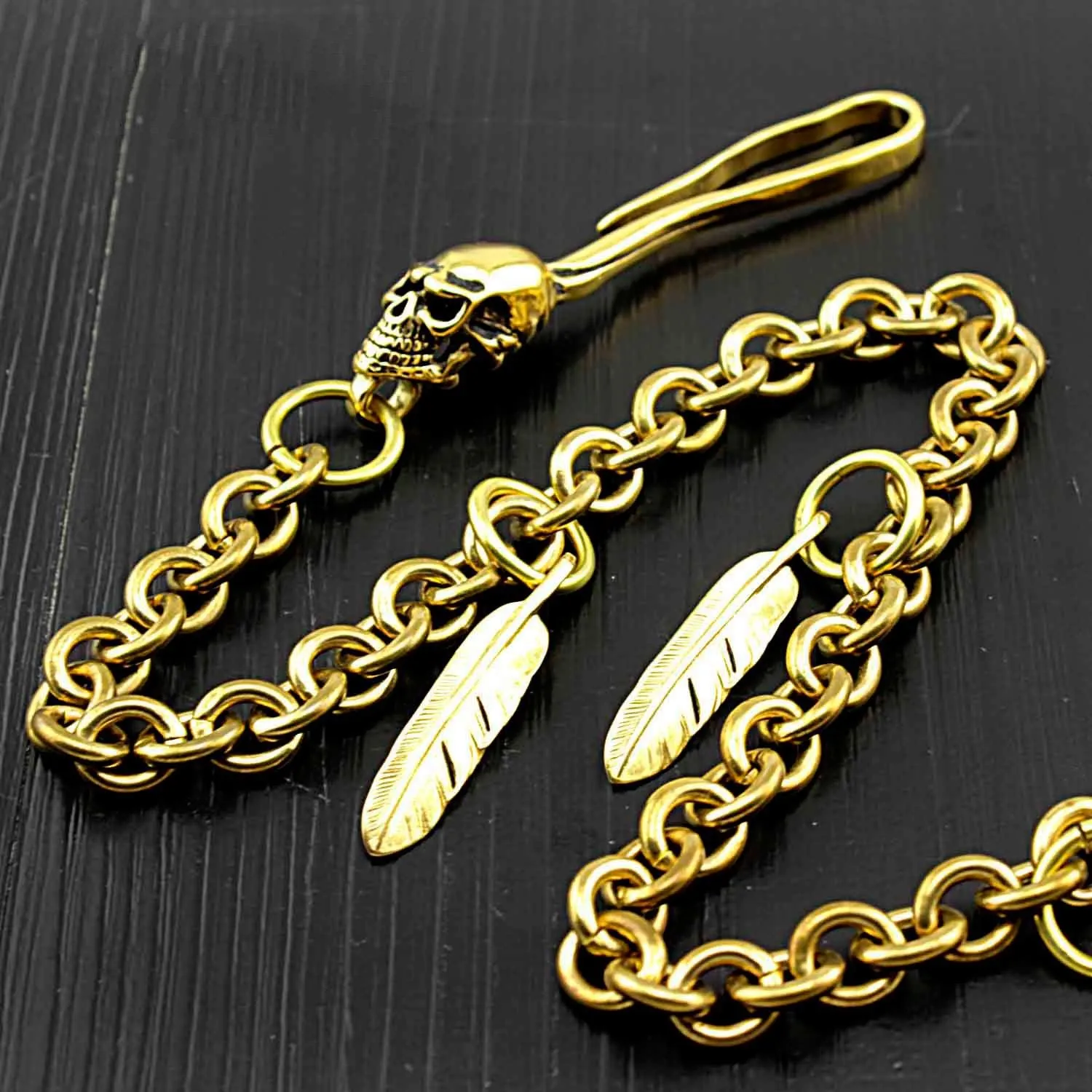 Badass Brass SKull Long Wallet CHain Biker wallet Chain Gold Pants Chains For Men