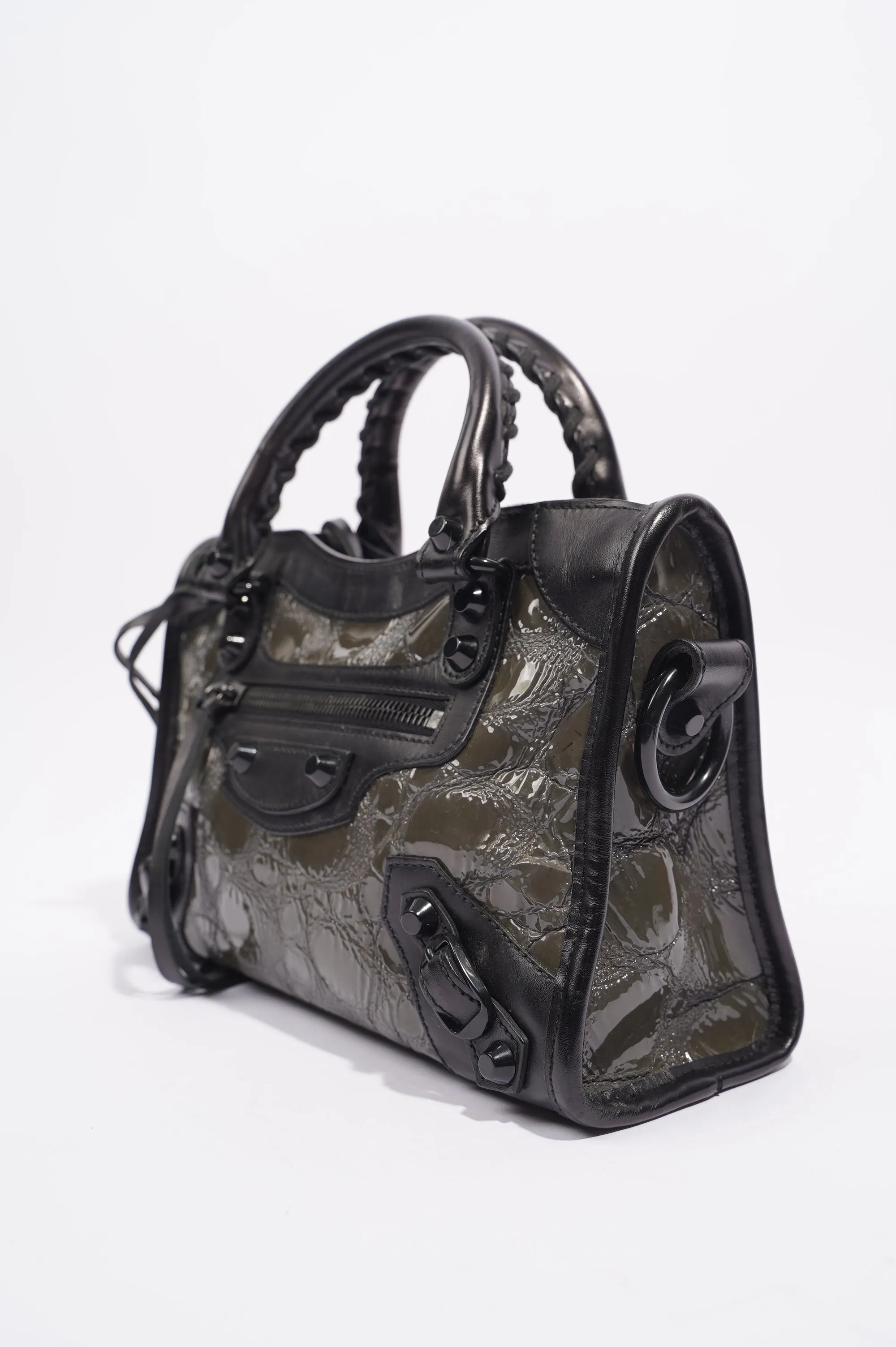 Balenciaga Womens Patent Leather Motorcycle Mini City Bag Grey / Black