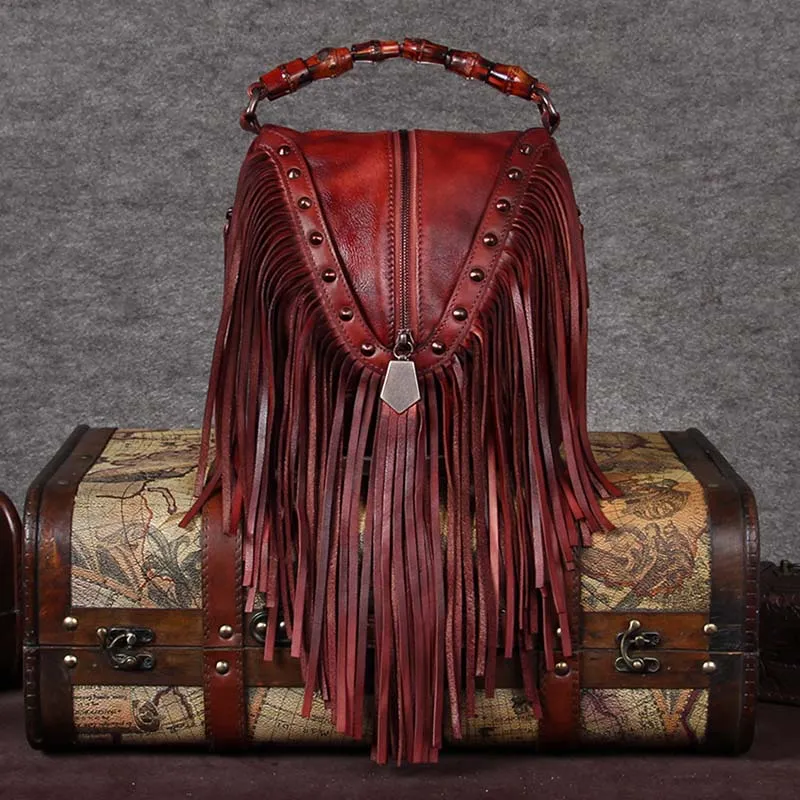 BATTLERLOVER Beautiful Bohemian Style Leather Fringe Rivet Handbag