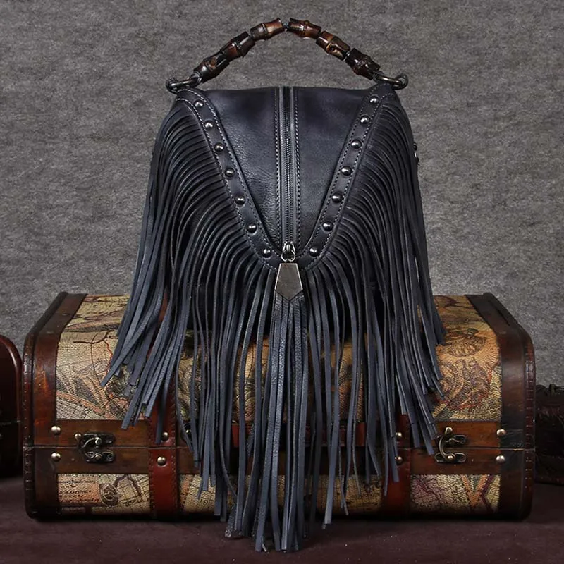 BATTLERLOVER Beautiful Bohemian Style Leather Fringe Rivet Handbag