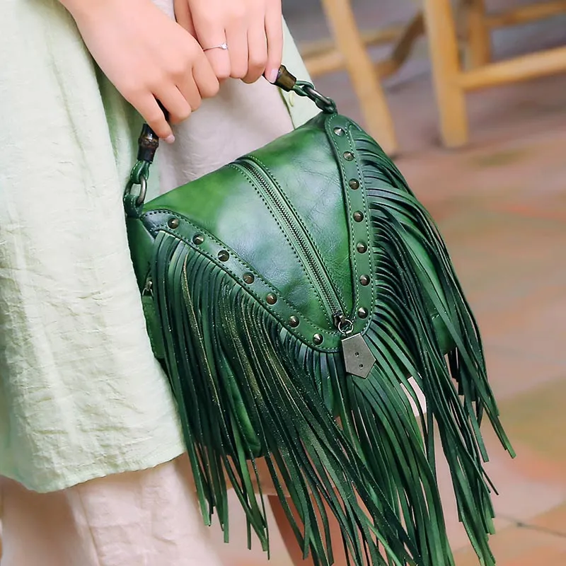 BATTLERLOVER Beautiful Bohemian Style Leather Fringe Rivet Handbag