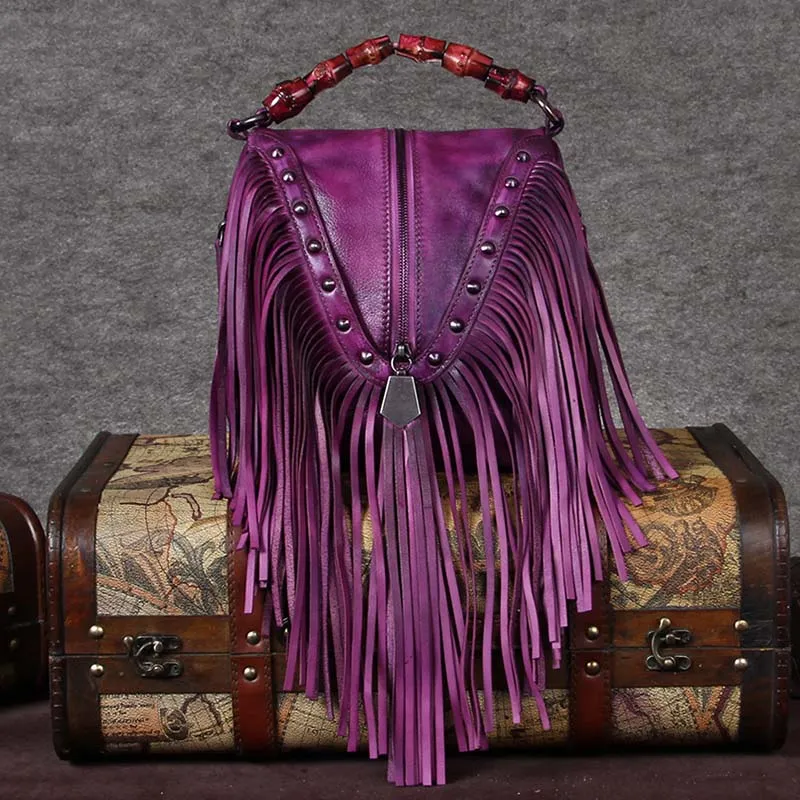 BATTLERLOVER Beautiful Bohemian Style Leather Fringe Rivet Handbag