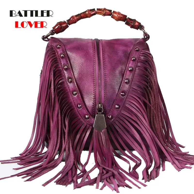 BATTLERLOVER Beautiful Bohemian Style Leather Fringe Rivet Handbag