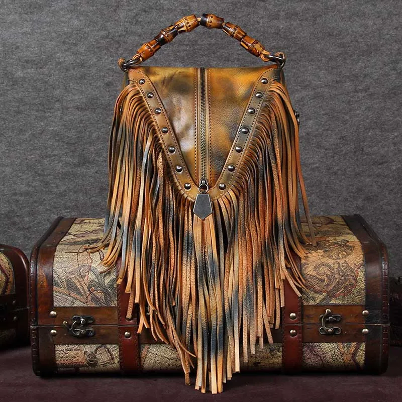 BATTLERLOVER Beautiful Bohemian Style Leather Fringe Rivet Handbag