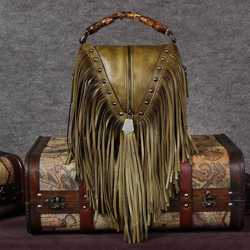 BATTLERLOVER Beautiful Bohemian Style Leather Fringe Rivet Handbag