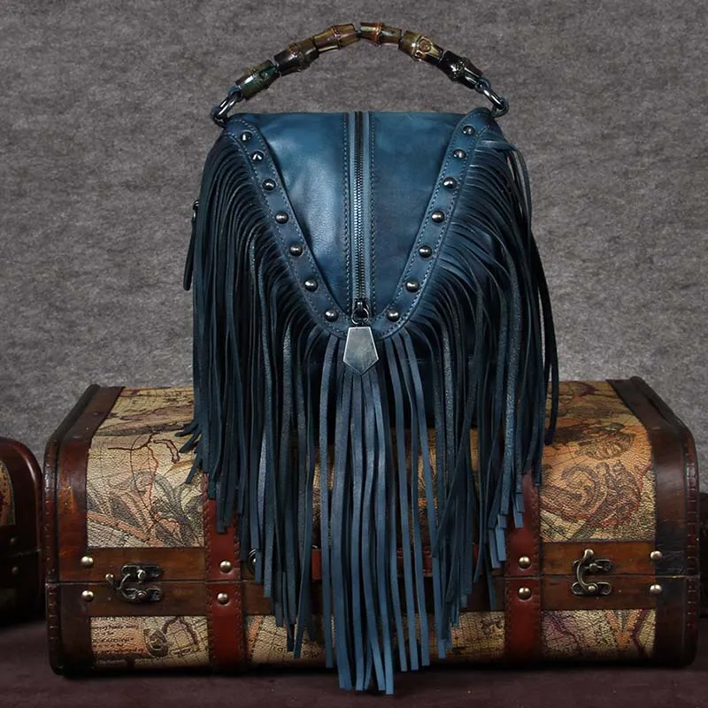 BATTLERLOVER Beautiful Bohemian Style Leather Fringe Rivet Handbag