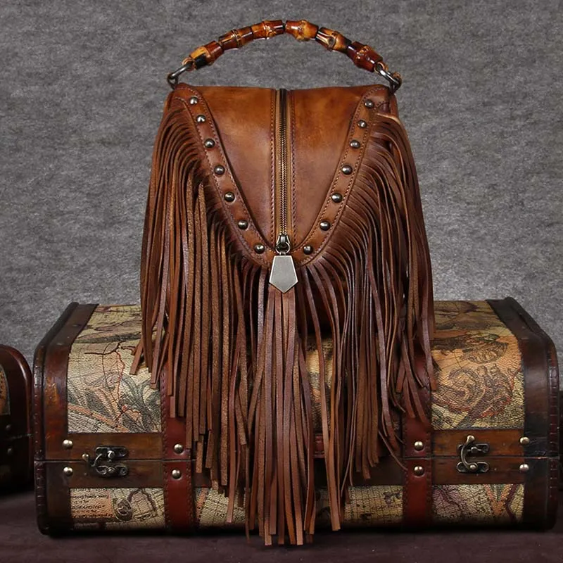 BATTLERLOVER Beautiful Bohemian Style Leather Fringe Rivet Handbag