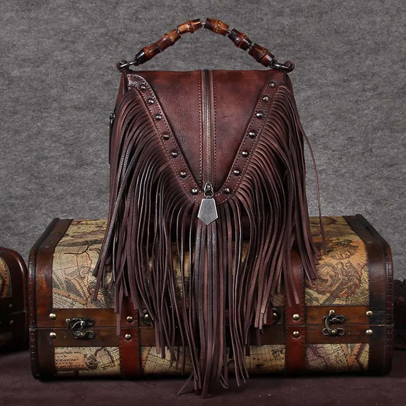 BATTLERLOVER Beautiful Bohemian Style Leather Fringe Rivet Handbag