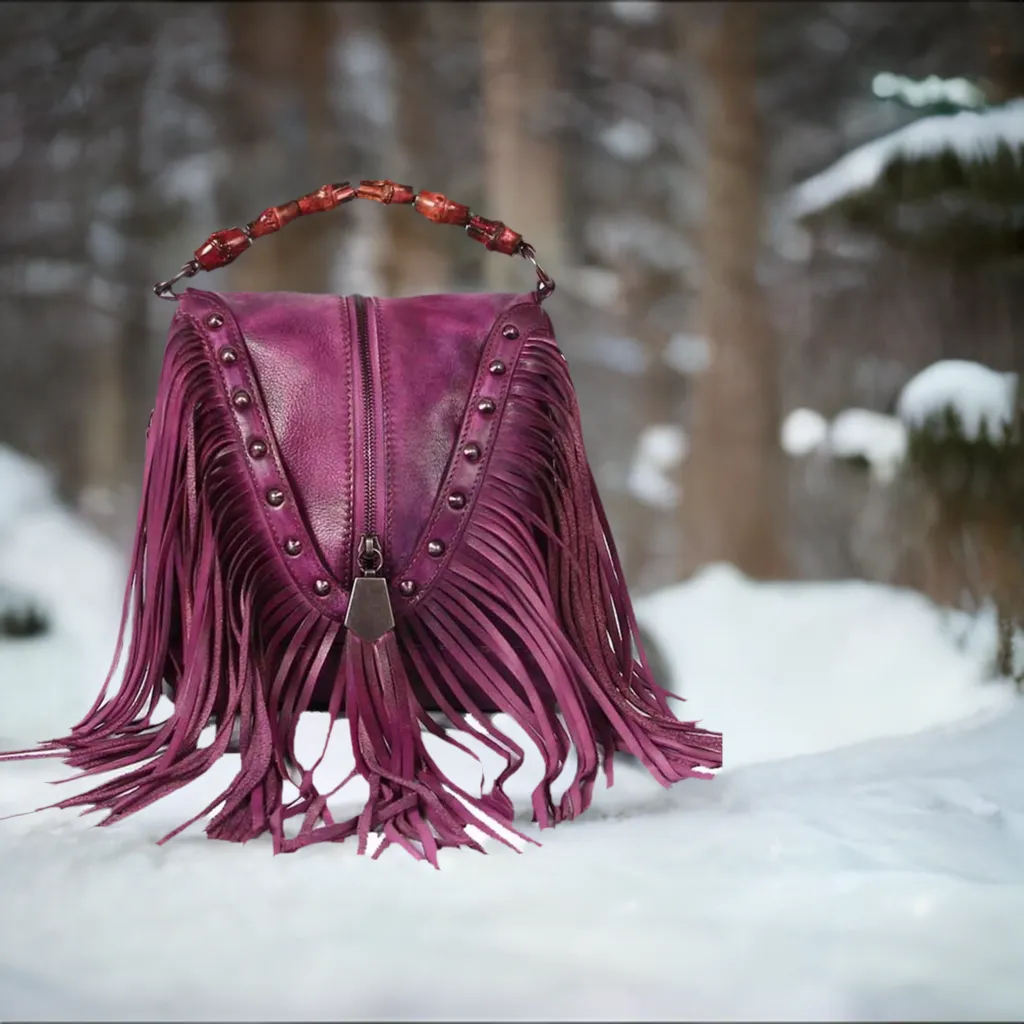 BATTLERLOVER Beautiful Bohemian Style Leather Fringe Rivet Handbag