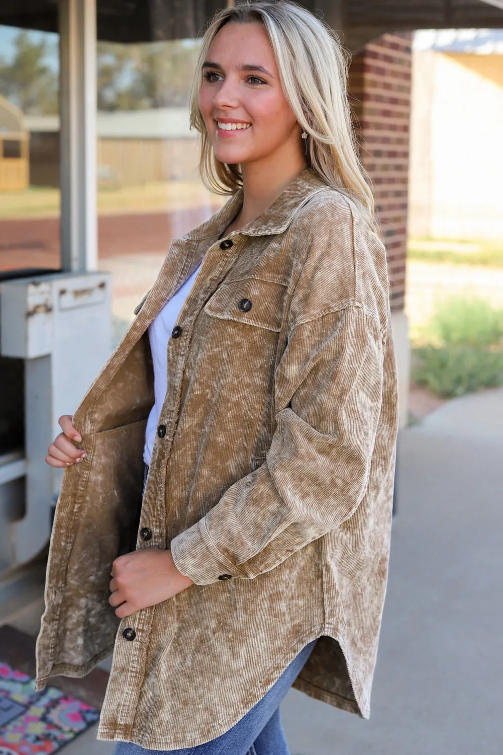 Beige Corduroy Jacket with Fringe Trim