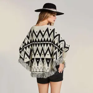 Black & White Fringe Batwing Poncho