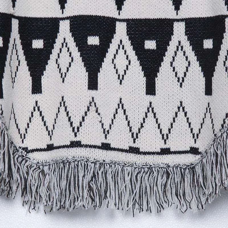 Black & White Fringe Batwing Poncho