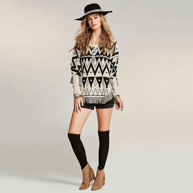 Black & White Fringe Batwing Poncho