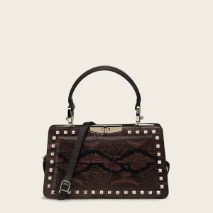 Brown python geometric top handle handbag