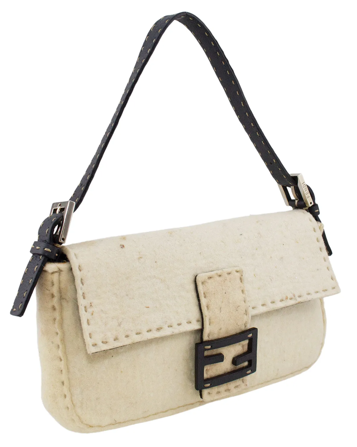 Cream Fendi Felted Wool and Brown Leather Baguette Bag