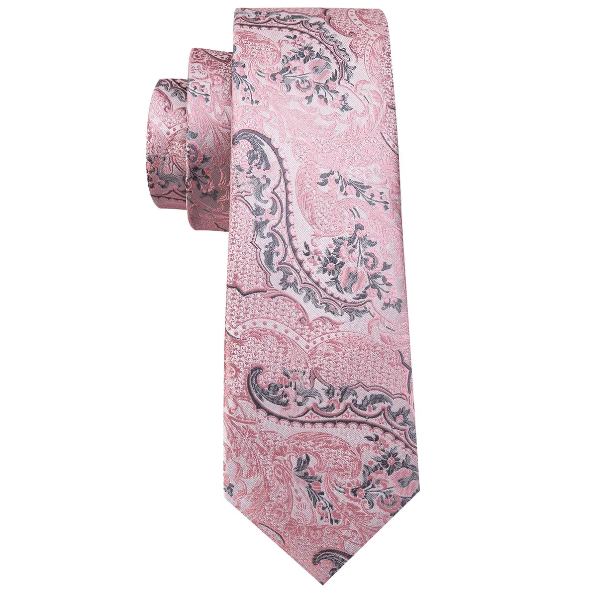 Elegant Silver and Pink Paisley Floral Silk Tie Set with Pocket Square and Cufflinks