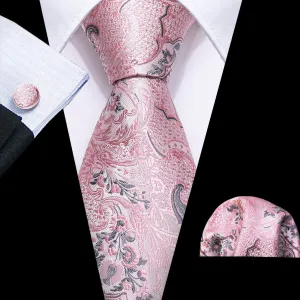 Elegant Silver and Pink Paisley Floral Silk Tie Set with Pocket Square and Cufflinks