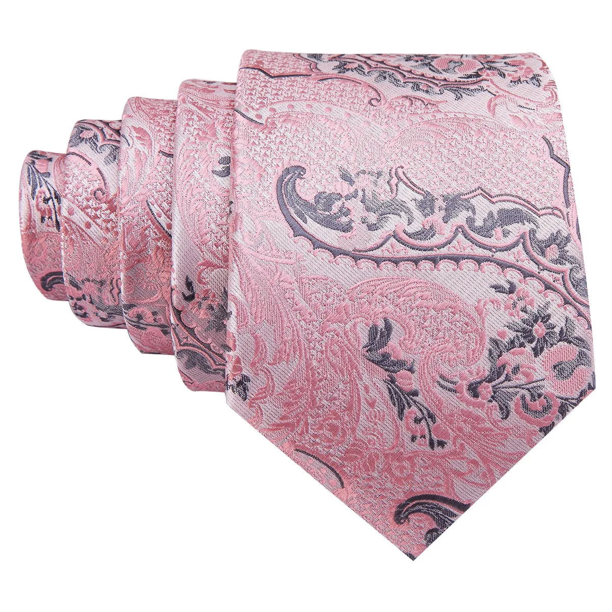 Elegant Silver and Pink Paisley Floral Silk Tie Set with Pocket Square and Cufflinks