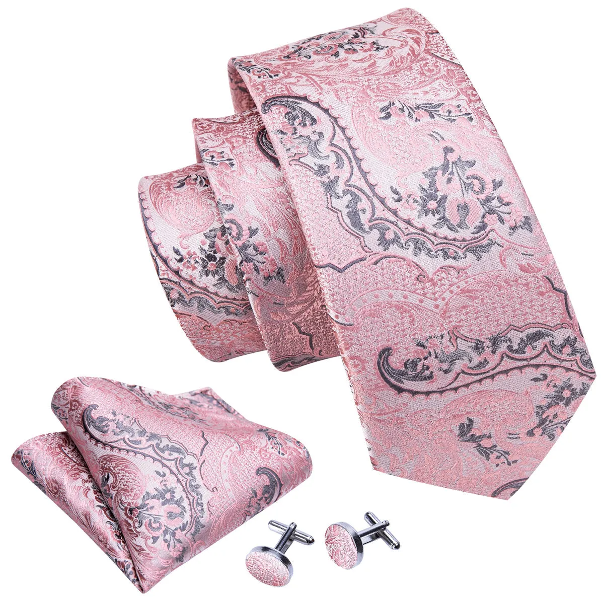 Elegant Silver and Pink Paisley Floral Silk Tie Set with Pocket Square and Cufflinks