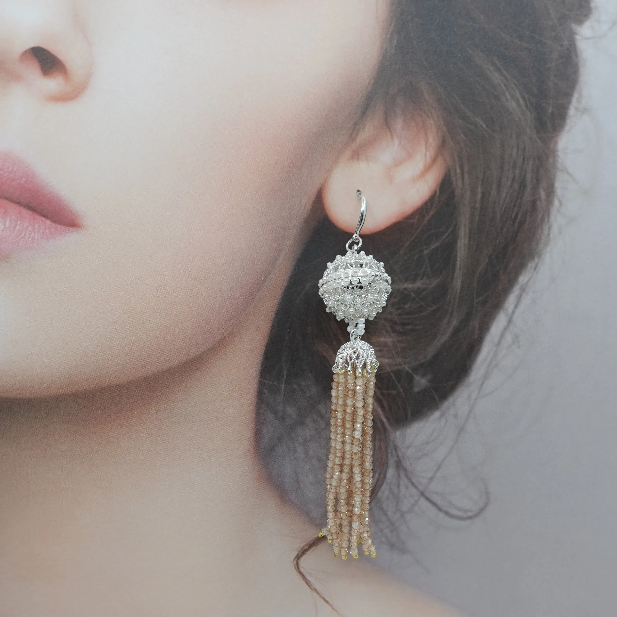 Herbal Locket Crystal Tassel Earrings - Champagne Zirconia