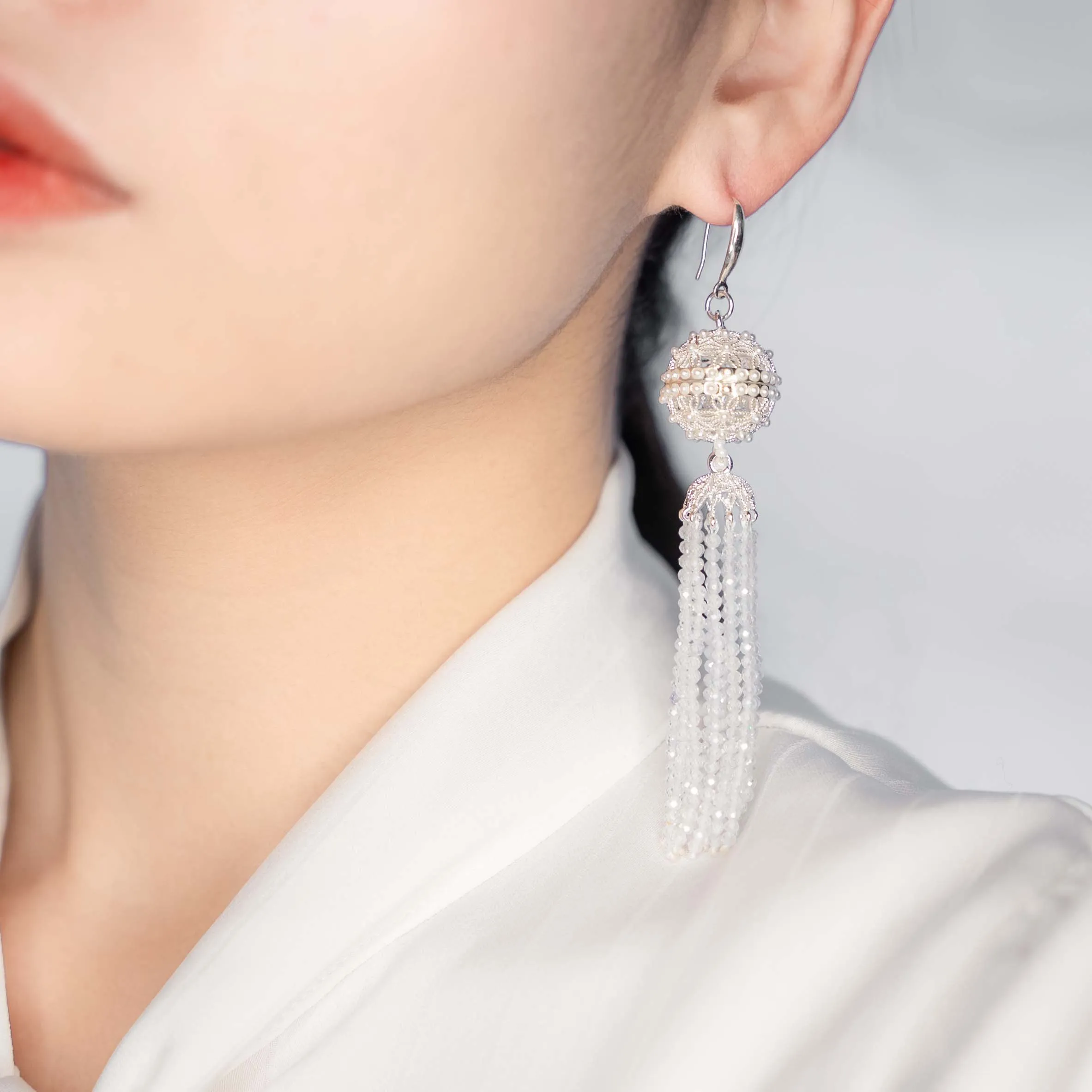 Herbal Locket Crystal Tassel Earrings - White Zirconia