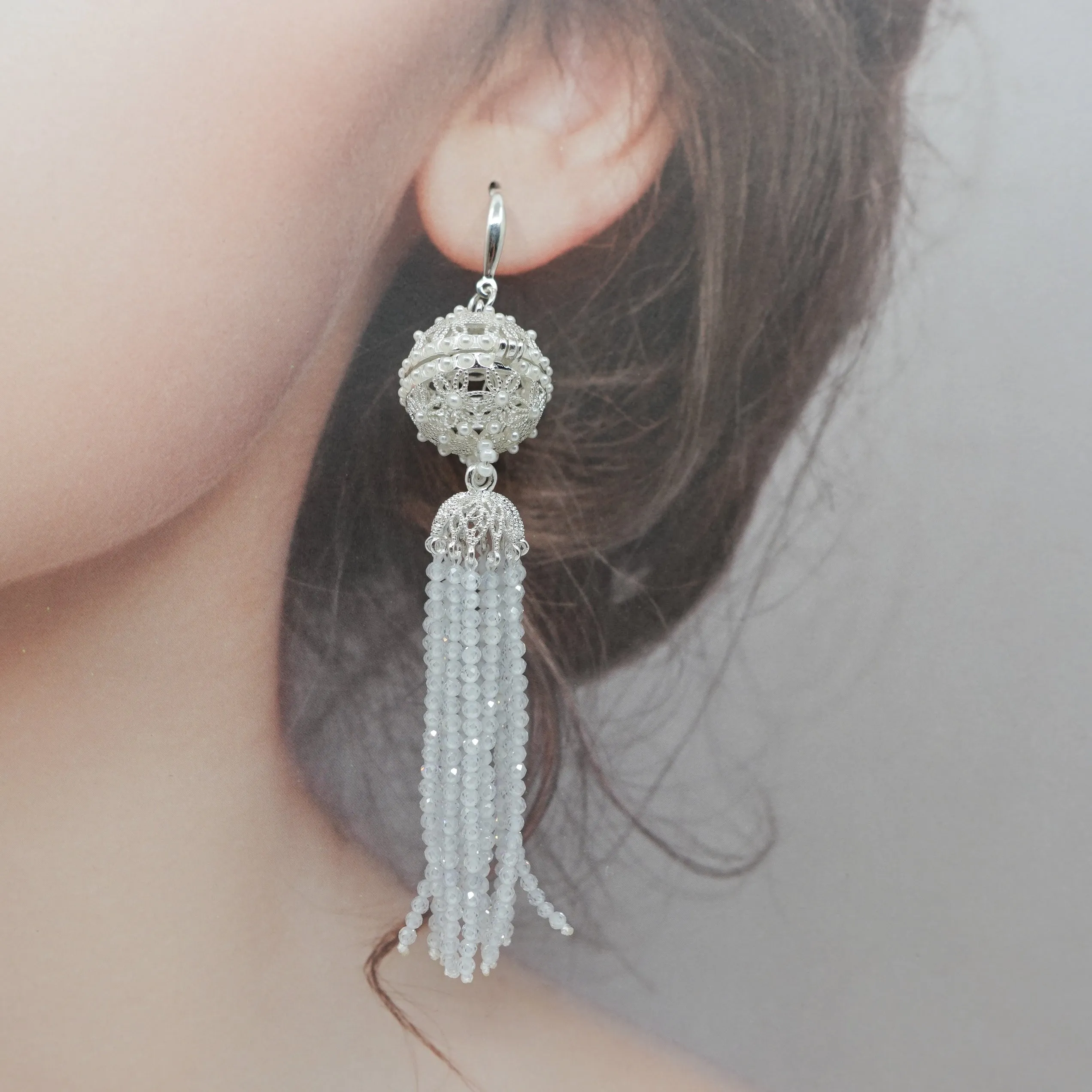 Herbal Locket Crystal Tassel Earrings - White Zirconia