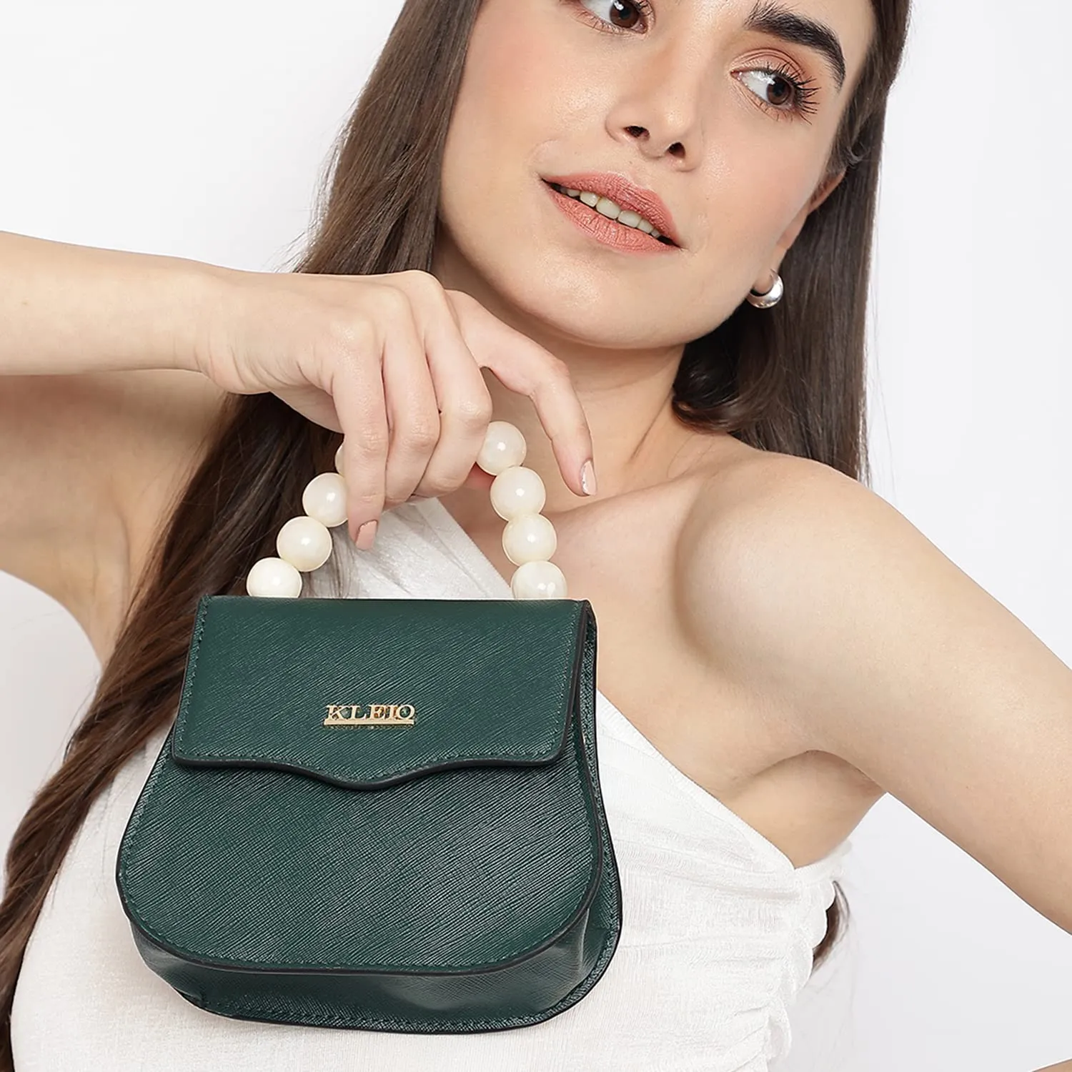 KLEIO Textured Leather Mini Handbag for Women (Dark Green) with Top Handle & Polyester Lining | Elegant Crossbody Bag for Girls with Adjustable & Detachable Sling Strap