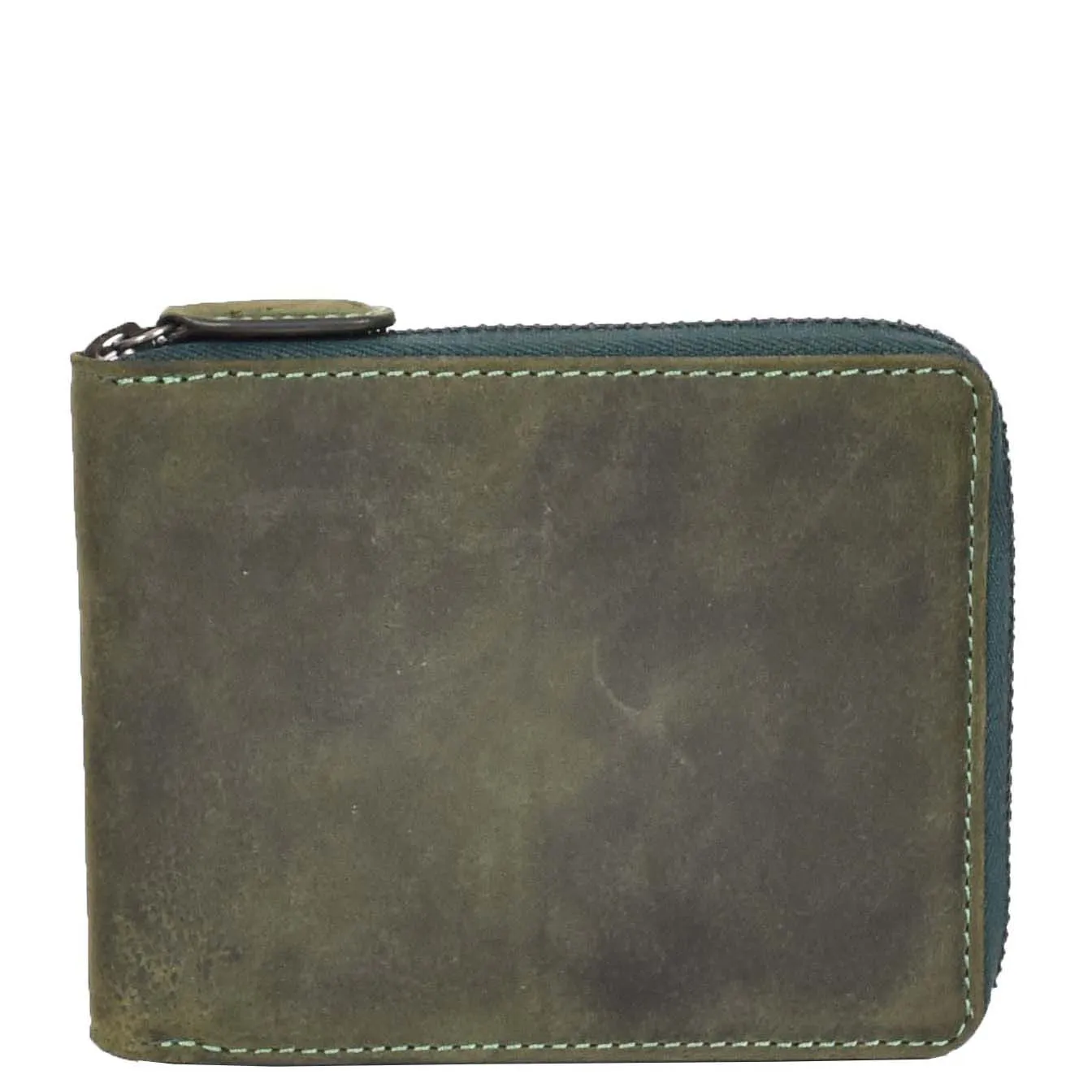 Mens Real Leather Hunter Zip Oiled Leather Wallet RFID HOL2207 Green