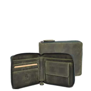 Mens Real Leather Hunter Zip Oiled Leather Wallet RFID HOL2207 Green