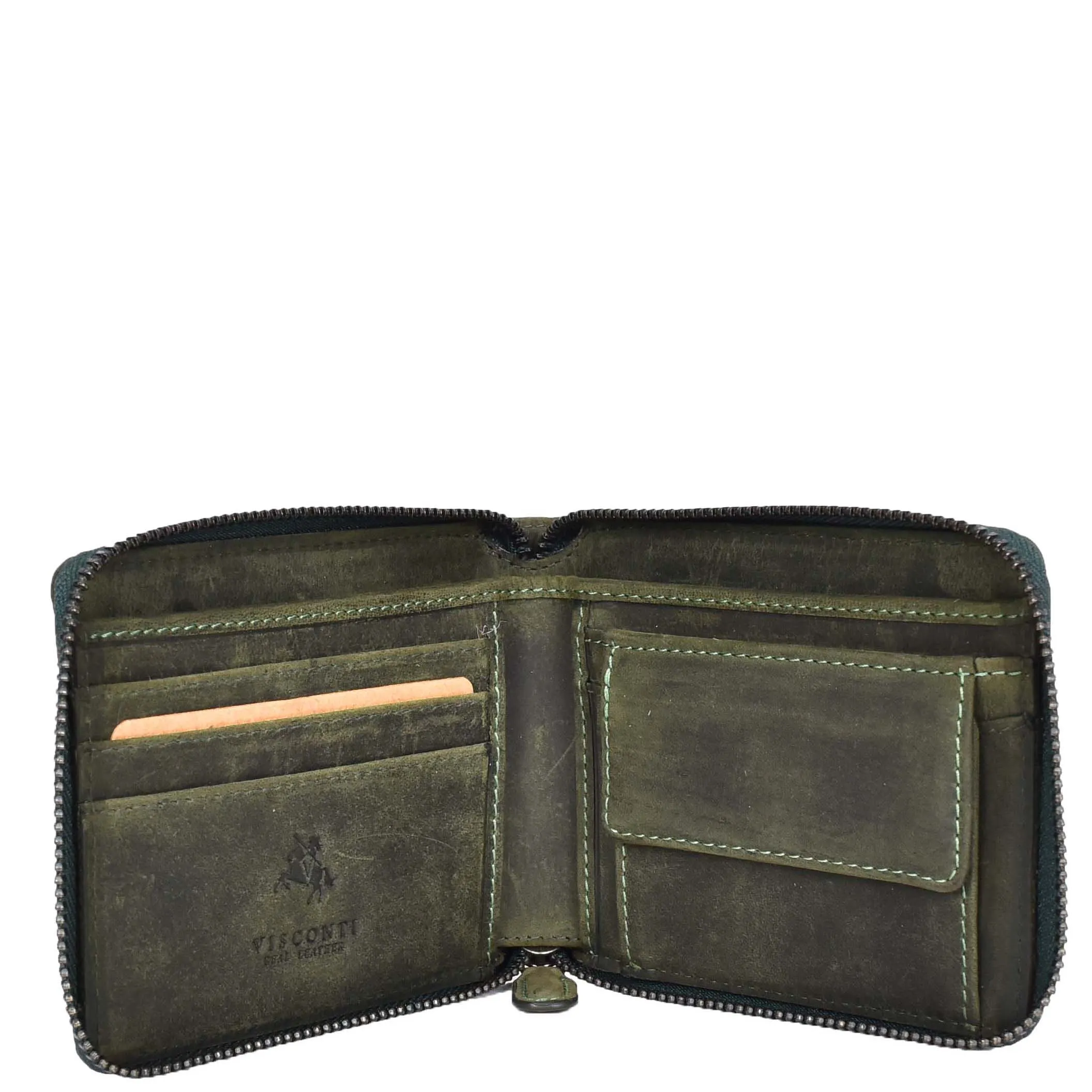 Mens Real Leather Hunter Zip Oiled Leather Wallet RFID HOL2207 Green