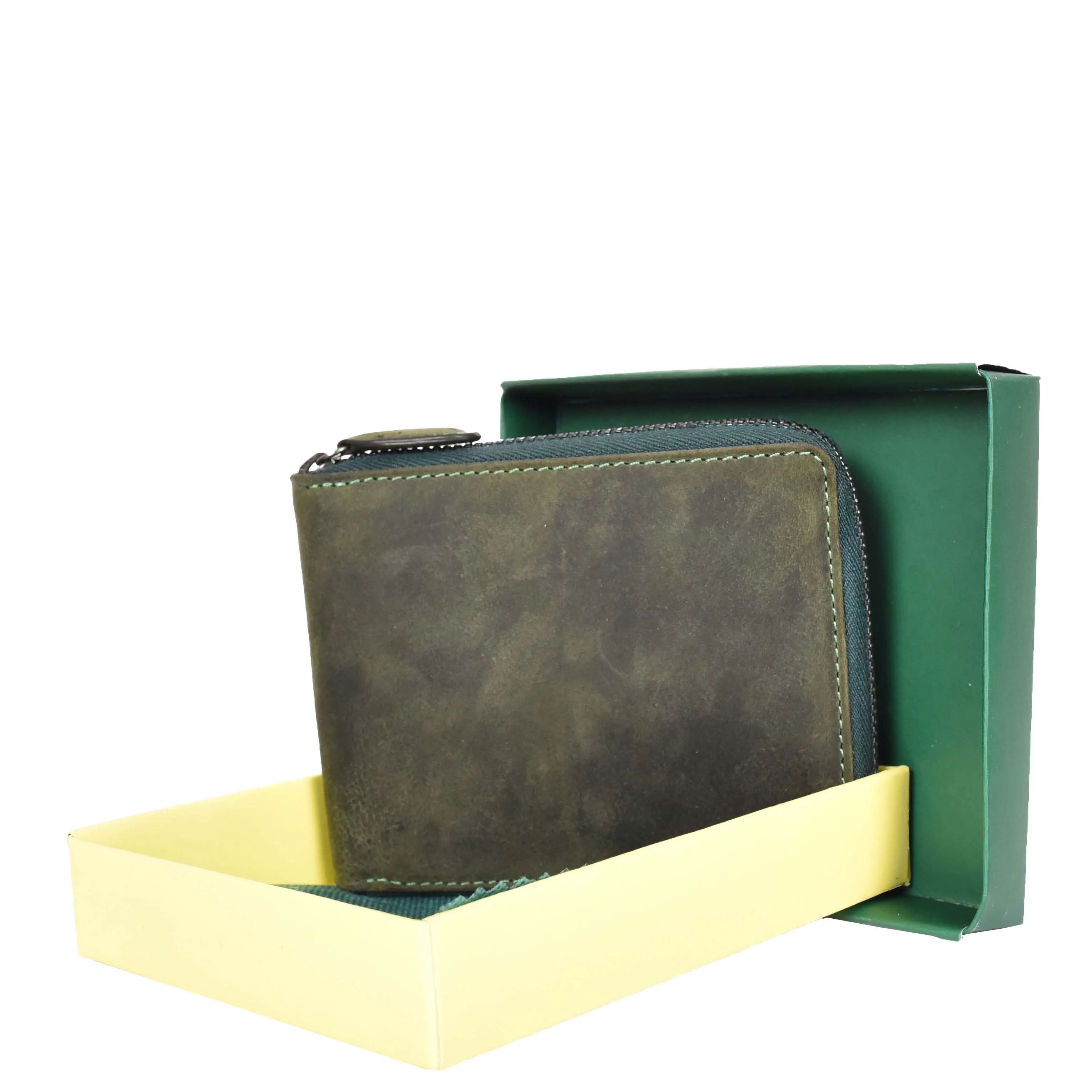 Mens Real Leather Hunter Zip Oiled Leather Wallet RFID HOL2207 Green