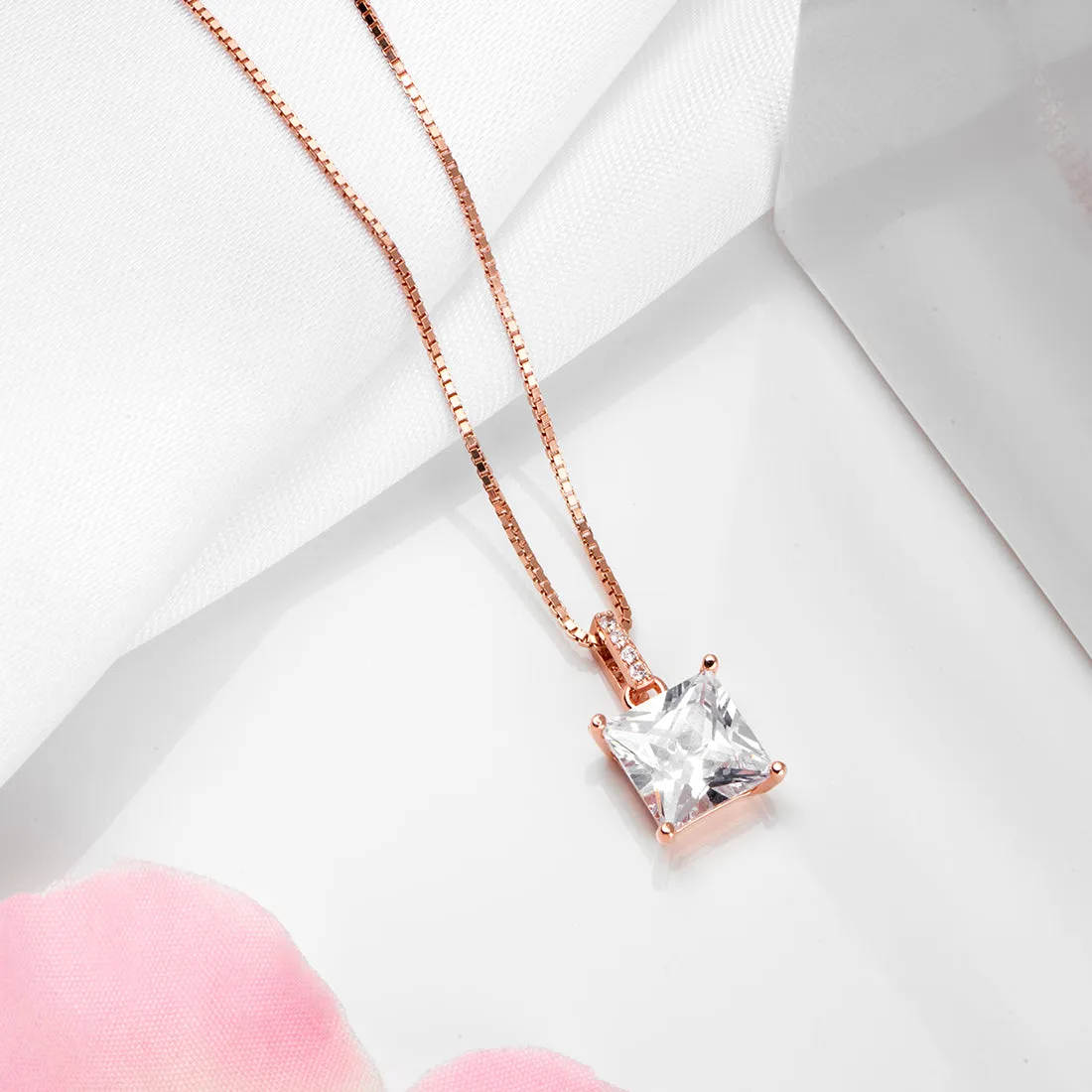 Modern Elegance Rose Gold-Plated 925 Sterling Silver Square Pendant with Chain